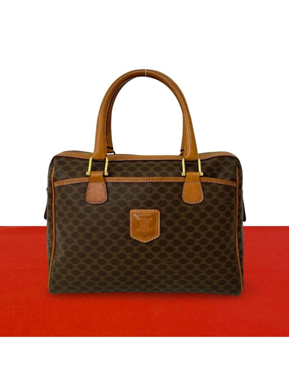 Celine Macadam Blason Triomphe Pattern Leather Mini Boston Bag Tote Brown